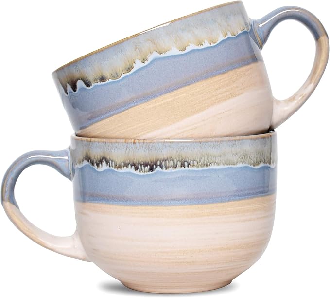 Bosmarlin Large Ceramic Coffee Mug Set of 2, Stoneware Jumbo Latte Mugs for Office and Home, 16 Oz, Dishwasher and Microwave Safe(Blue, 2)