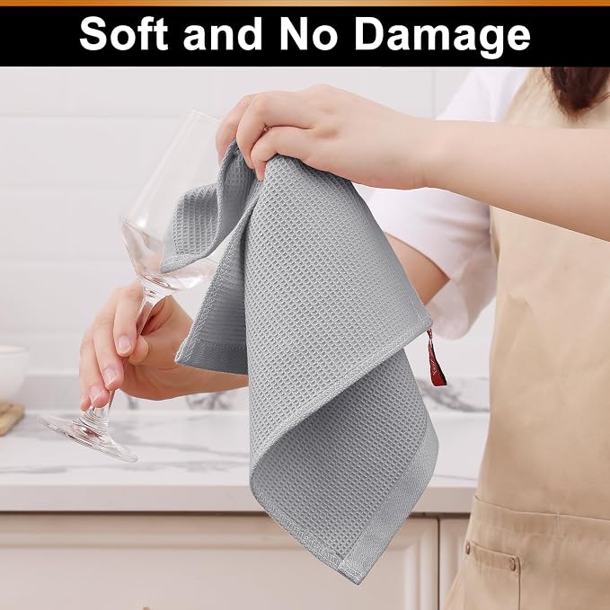 Homaxy 100% Cotton Waffle Weave Kitchen Towels, 12 Pack, Light Grey | Soft and Absorbent Dish Towels, 16 x 26 Inches Quick Dry Hand Towels