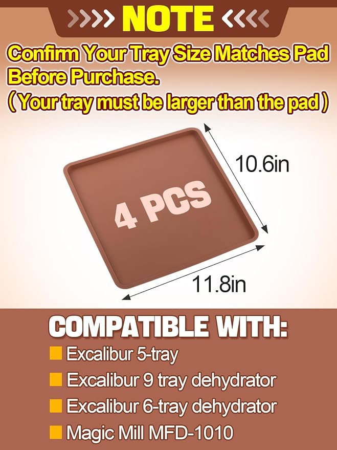 Aulock 4PCS Silicone Food Dehydrator Sheets with Edge, Non-stick Tray Liner | Compatible with Cosori 12" x 11" Trays , High Temperature Resistance & Reusable Square Dryer Mats