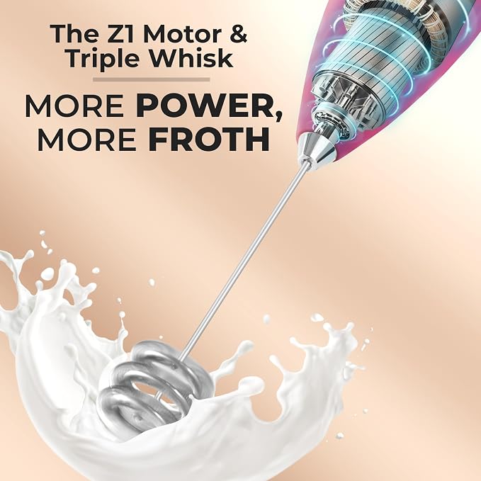 Zulay Kitchen Powerful Milk Frother Wand With Duracell Batteries - Ultra Fast Handheld Drink Mixer - Electric Whisk Foam Maker for Coffee, Lattes, Cappuccino & Matcha - Triple Whisk - Magenta Gold