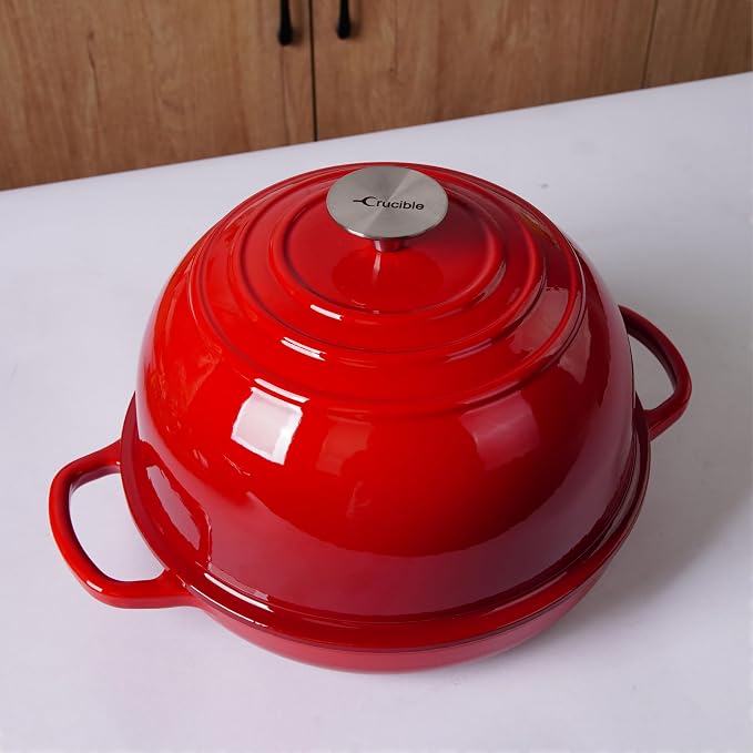 Enameled Cast Iron Bread Pan, Sourdough Artisan Bread Oven – Red – Round 26 cm, 6.25 L (6.6 qt) – Boule Pan with a Deep Lid for Steam Baking