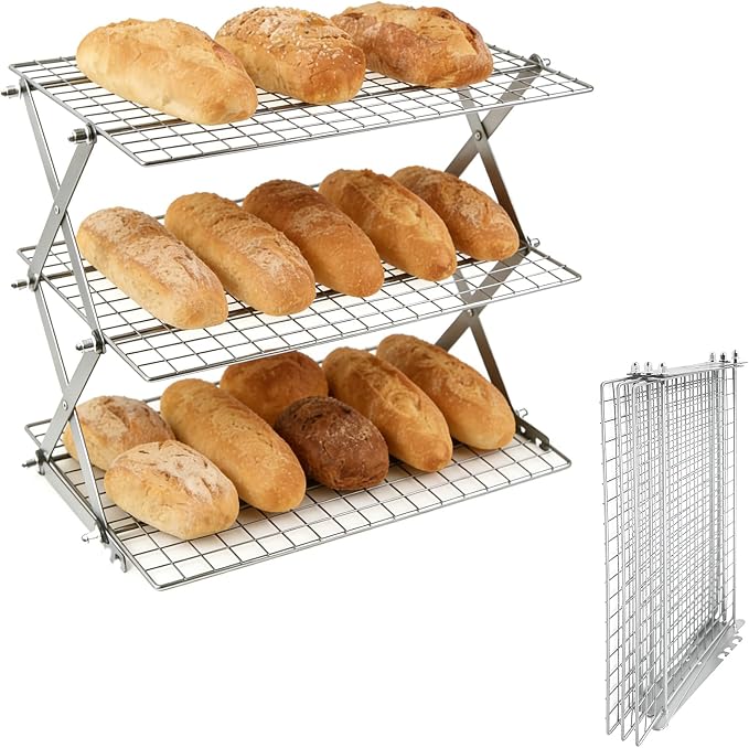 3 Tier Collapsible Cooling Rack Sourdough Cooling Rack 17"x10" | Cooling Racks for Cooking and Baking, Roasting, Grilling, Adjustable 6 Setting Design stackable, Oven & Dishwasher Safe