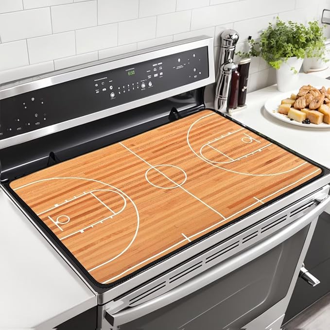 Basketball Court Stove Top Covers for Electric Stove Parquet Indoor Court Sport Glass Top Gas Stove Pad Heat Resistant Range Cooktop Mat for Kitchen 28"x20"
