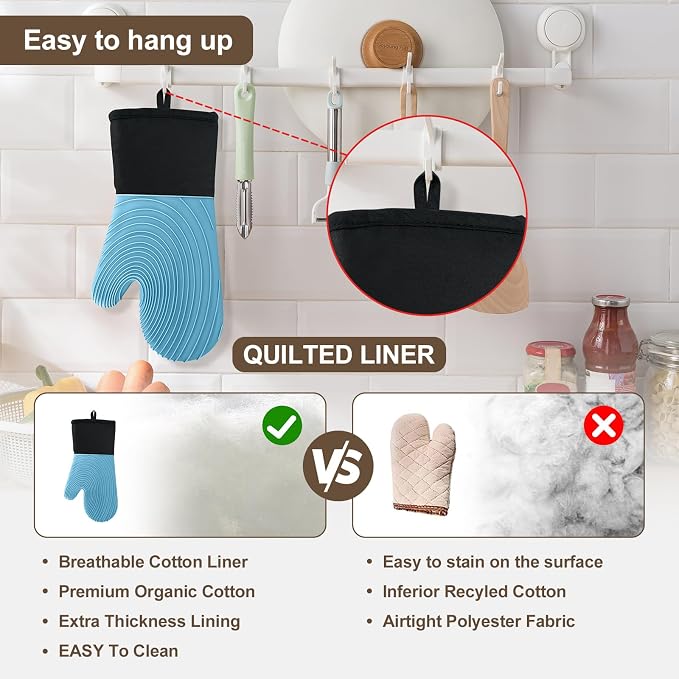 Silicone Oven Mitts-13.6 in Extended Oven Mitts Heat Resistant 500F, Oven Gloves with Soft Liner Good Grippy BPA-Free Easy to Clean Flexible-Oven Mits Set for Cooking Baking Grilling BBQ