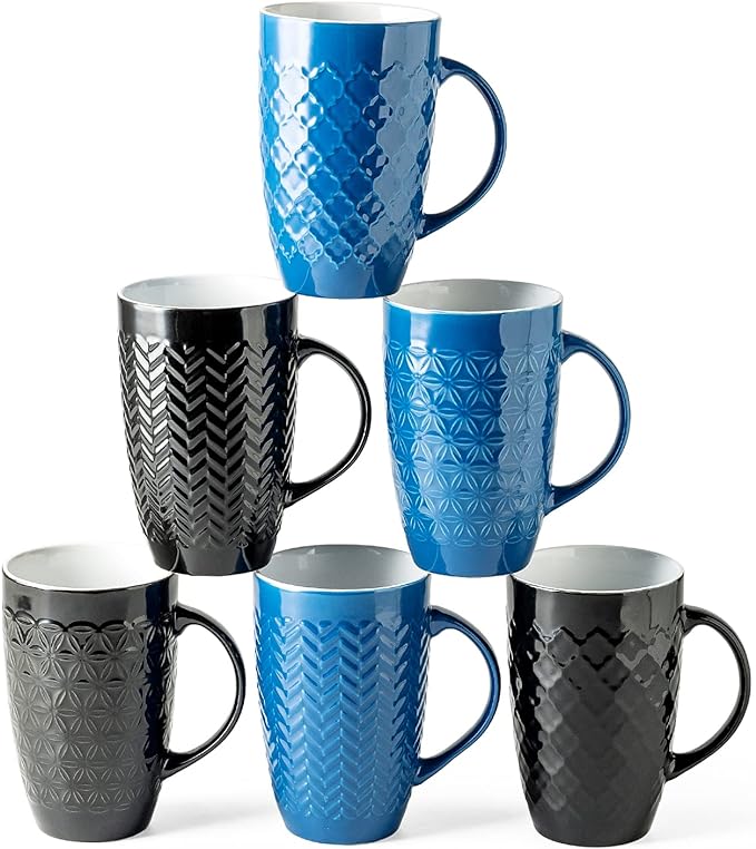 AmorArc 20 oz Large Coffee Mugs Set of 6, Tall Ceramic Coffee Cups | 3 Assorted Designs, Embossed Ceramic Coffee Mugs with Large Handle for Coffee/Tea/Cappuccino, Dishwasher&Microwave Safe