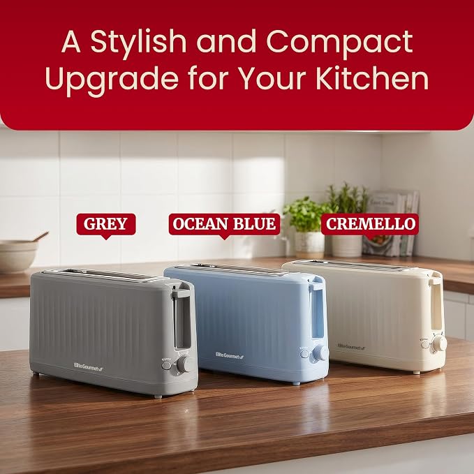 Elite Gourmet ECT2517OX SLIMTOAST 2-Slice Long Slot Toaster, Ocean Blue | Cool-Touch Body, 6 Browning Shades, Extra-Wide 1.5" Slot Fits Artisan Bread, Bagels, Waffles & English Muffins