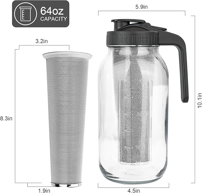Cold Brew Coffee Maker, 64 oz Mason Jar Pitcher with Stainless Steel Filter, Pour Spout Handle Lid, Airtight & Leak-Proof for Iced Coffee,Tea & Lemonade
