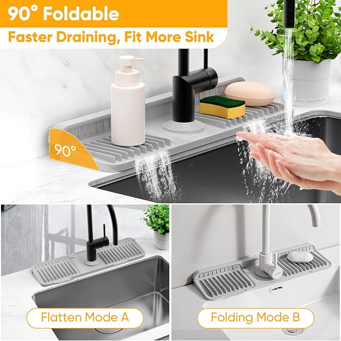 17.7'' Folding Faucet Mat for Kitchen Sink Splash Guard[7° Slope Fast Self-draining][Snap Lock Fit] Kitchen Sink Faucet Mat Splash Guard Kitchen Sink Area Water Splash Guard Behind Faucet Draining Mat