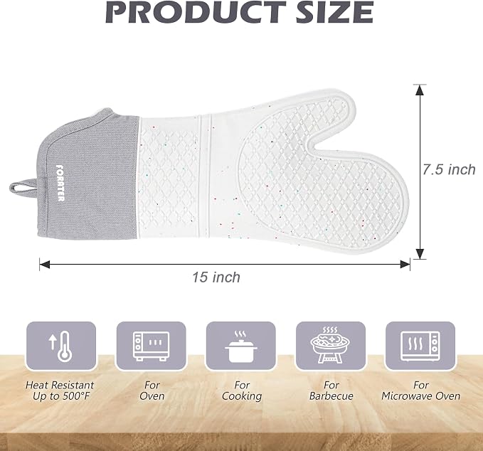 Extra Long Silicone Oven Mitts - Heat Resistant up to 500°F, 15'' Waterproof and Non-Slip Oven Gloves with Soft Quilted Liner - Perfect for BBQ, Cooking, Baking, and Grilling - 1 Pair, Light Grey