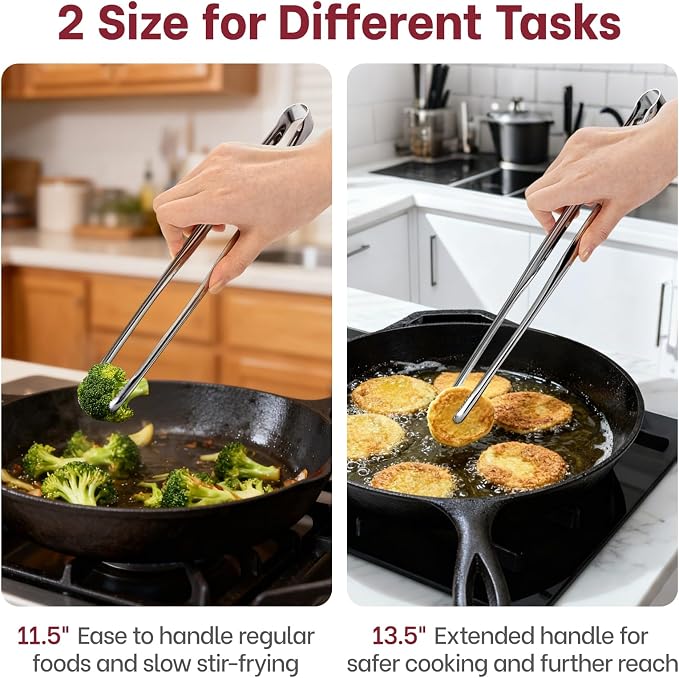 Precise Serrated Non-Slip Tips Cooking Tongs 2 Set (11.5" & 13.5") | Durable 18/8 Stainless Steel Metal Tweezers Tongs, Lightweight Easy Control for Frying, Plating, BBQ, Easy to Care & Clean