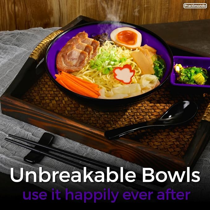 Unbreakable Ramen Bowl Set with Chopsticks and Spoon: 2 large Japanese Style Melamine Ramen Bowls (2 Bowl Set, Purple-Black)