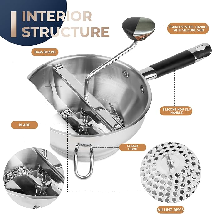 Stainless Steel Food Mills With 3 Milling Discs,Ergonomic design Of Rotary Food Mills For Tomato Sauce,Potatoes,Jams with Silicone Handle Dishwasher Safe, Multifunctional Spoon,Orange