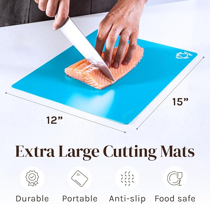Extra Thick Flexible Plastic Cutting Board Mats, Set of 6 for Kitchen, BPA Free, Non-Slip Waffle Back, Dishwasher Safe Cutting Boards, Color Coded with Food Icons, 15x12 Inch - Cooler Kitchen