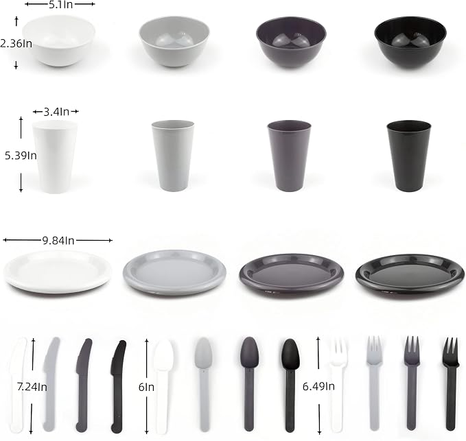 24Piece Plastic Plates and Bowls Sets Dinnerware Set Dishes Set for 4,College Dorm Room Essentials,Camping Plates and Bowls with Tumbler,Knives,Forks and Spoons,Mess Kit,Microwave Safe,BPA Free