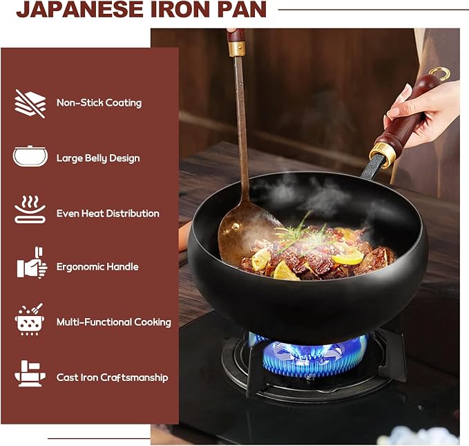 Gugxiom Suntuup Japanese Iron Pan, 28cm Cast Iron Wok, with Spatula, 2 Covers to Choose From, for Pots On Electric Stoves/Induction Cookers/Gas Stoves (Wooden lid)