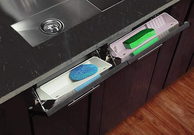 14" Kitchen Sink Front Tip-Out Accessory Trays with Mounting Screws, White, 2 Pack (Conventional Open Tray and Accessory Tray with Ring Holder and Soap Dish) Hinges are Not Included