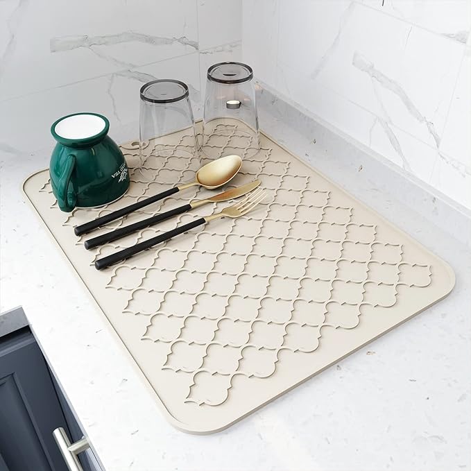 AMOAMI-Dish Drying Mats for Kitchen Counter-Silicone Dish Drying Mat-Kitchen Dish Drying Pad Heat Resistant Mat-Kitchen Gadgets Kitchen Accessories Kitchen Small Appliances(12" x 16", BEIGE)