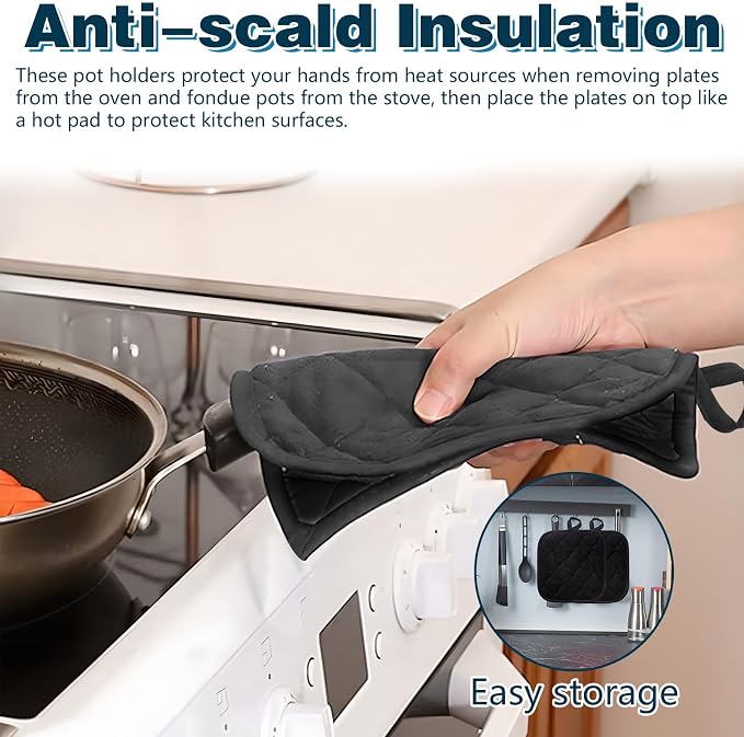 6pcs Pot Holders for Kitchen, Cotton Kitchen Hot Pads, Heat Resistant Oven Mitts and Pot Holders Sets (Black,6)