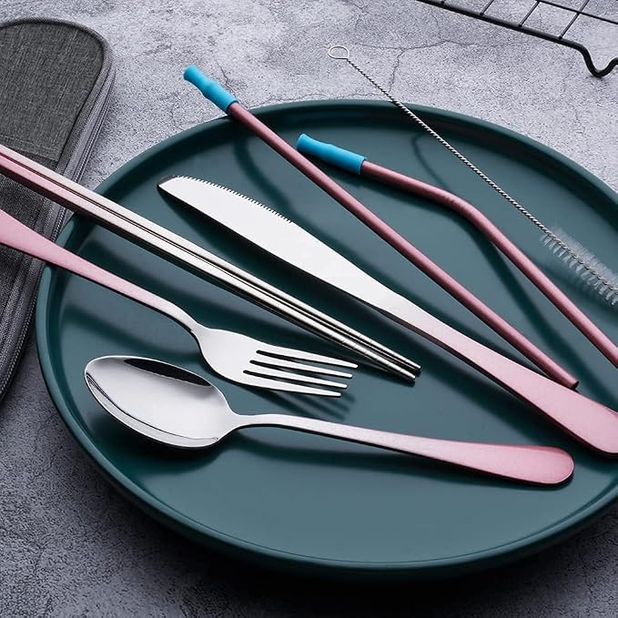 Travel Utensils Set with Case Reusable Portable Cutlery Set Stainless Steel 8pcs Including Dinner Knife Fork Spoon Chopsticks straws(Gradient Pink) | Dishwasher Including Dinner Knife Fork Spoon Chopsticks Straws Travel Fork Spoon Knife for Work, Campi...