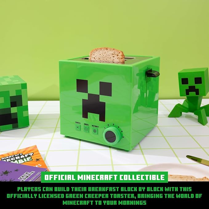 Minecraft Green Creeper 2-Slice Toaster For Bagels, Waffles, and Breads | Features 6 Settings With Defrost Option | Imprints Creeper Symbol On Bread