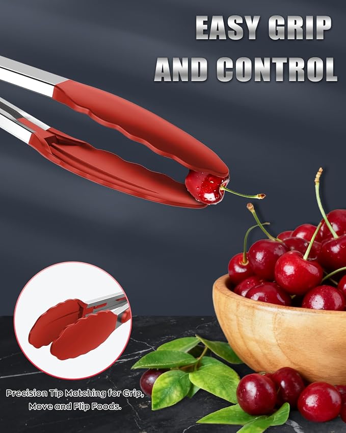 Good Grip Cooking Tongs with Silicone Tips, Set of 3-7" 9" and 12" | 600ºF Heat Resistant, 5-Layer Heavy Duty Stainless Steel, Pull Lock, Non Stick - Kitchen Tongs for Salad, Cooking and Frying