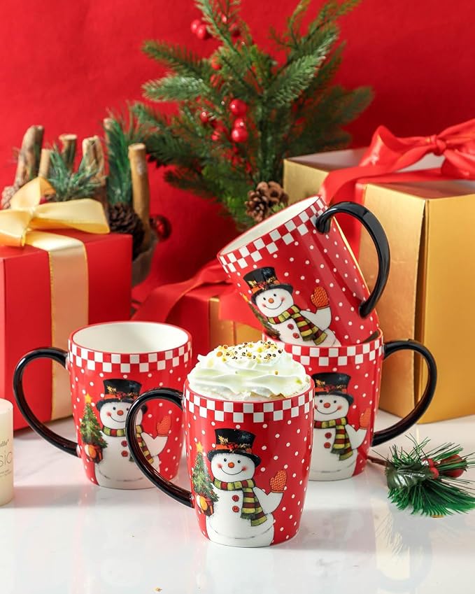 HASENSE Christmas Coffee Mugs Set of 4,15 oz Ceramic Holiday Cups with Handles, Matching Xmas Mugs for Hot Cocoa,Coffee or Tea,Ideal Xmas Gifts for Family,Friends,and Holiday Parties,Colorful