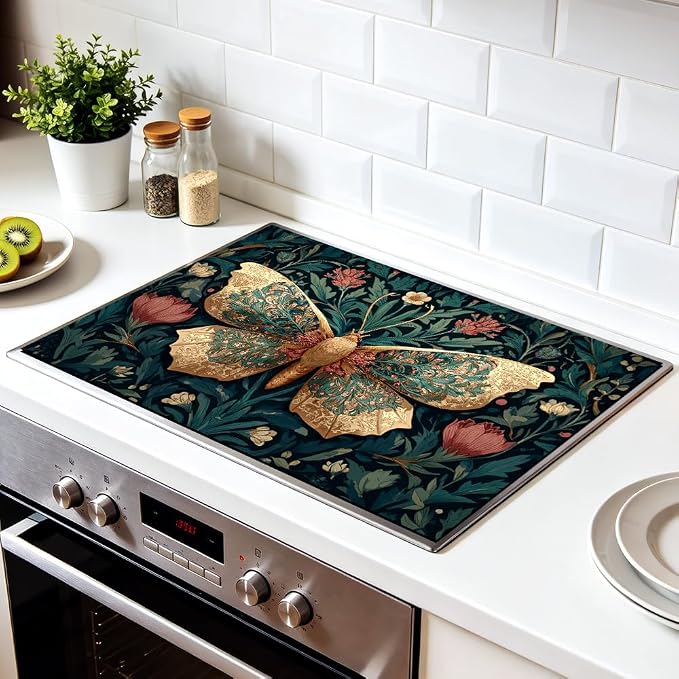 Vintage Butterfly Stove Top Cover for Electric Stove, 28x20 in | Heat-resistant non-slip mat holds hot cookware; glass cooktop protector, dish drying; boho floral botanical kitchen decor
