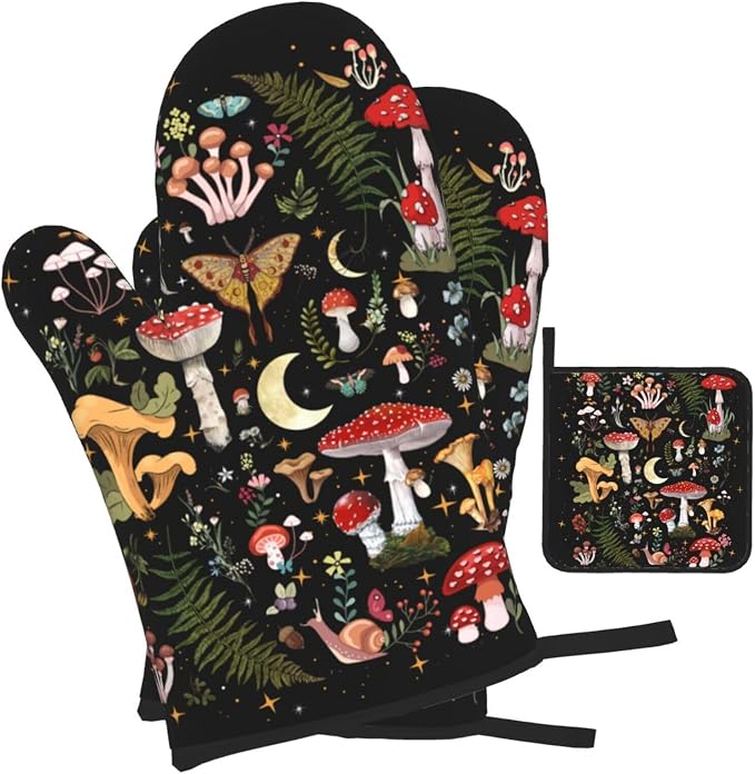 Black Mushroom Oven Mitts and Pot Holders Sets of 3 Witchy Hot Pads | Heat Resistant Oven Gloves for Cooking Grilling Baking Kitchen Decor Aesthetic, Witchy Gifts Mushroom Gifts for Women