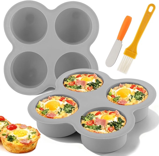 2 Pack Silicone Egg Bite Molds with 1 Spatula & 1 Brush, 4 Cups Silicone Air Fryer Baking Pan Non-Stick for Egg Bites, Cupcake, Tart, Frittata, Quiche, Muffins, Cornbread
