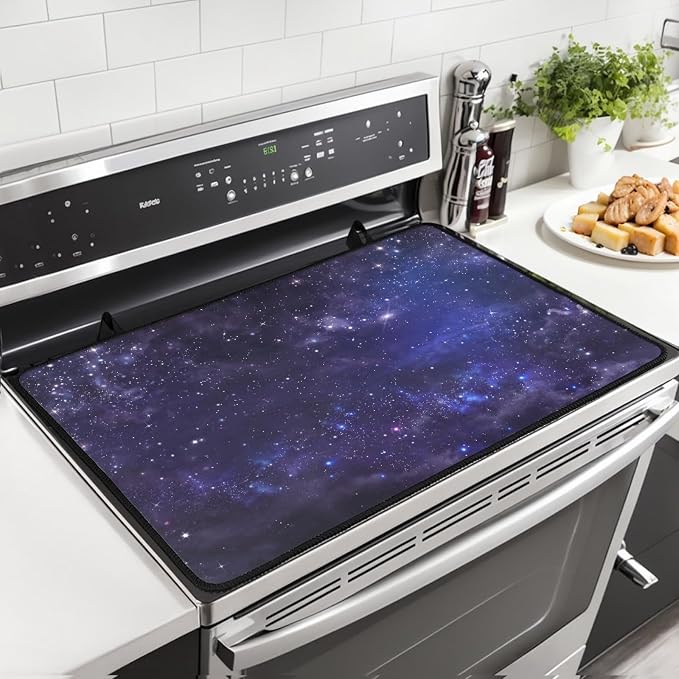 Navy Blue Galaxy Star Stove Top Covers for Electric Stove, Outer Space Nebula Glass Stovetop Cover with Lanyard Galaxy Universe Pattern Countertop Protector Mat for Kitchen 28 x 20 Inch
