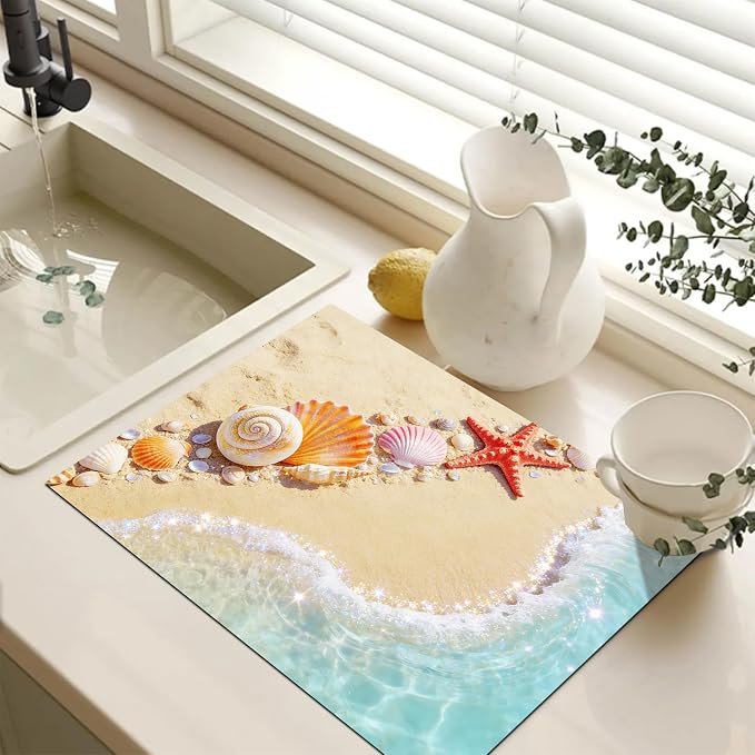 HOMETITUTE Summer Stove Top Covers for Electric Stove 28x20 Inches Heat Resistant Glass Cooktop Protector Pad Coastal Seashell Beach Decorative Stovetop Cover for Kitchen Coffee Bar Decor