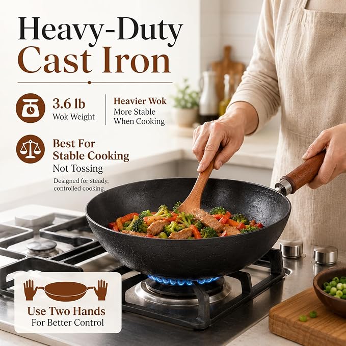 Carbon Steel Wok Pan, Flat Bottom Stir Fry Wok (10.20 inch)
