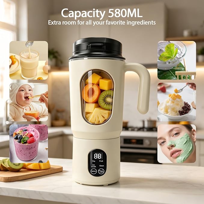 Personal Blender for Smoothies, 580ML USB-C Rechargeable | Portable Blender Cup, 12-Blade Smoothie Maker with Travel Lid, Handle & LED Display for Gym, Office, Travel and Outdoor