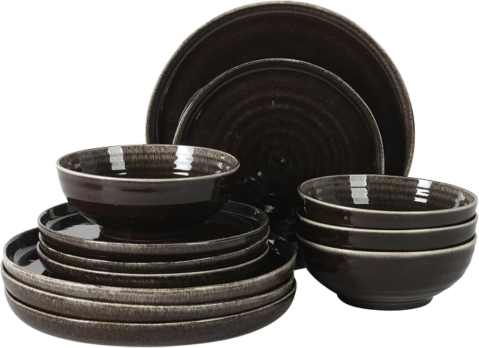 Gibson Elite Eclipse Swirls Plates and Bowls Sets, 12-Piece Stoneware Dinnerware Sets, Reactive Glaze Dish Set - Black
