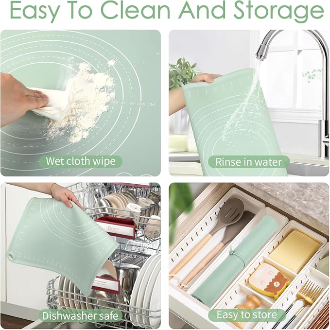 Silicone Pastry Mat, Non Slip Dough Mat with Measurements and Raised Edges, Food Grade Silicone Countertop Baking Mat for Rolling Dough, Kneading Bread, Cookies, Pizza, Pie Crust