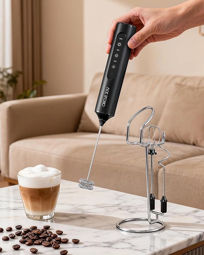 CIRCLE JOY Rechargeable Handheld Milk Frother Wand with Stand, 3 Variable Speeds, 3 Whisks and Storage Box, Electric Drink Mixer for Latte, Cappuccino, Hot Chocolate, Eggs and Protein Powder, Black
