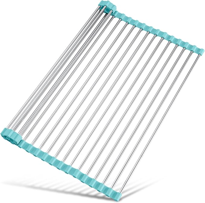 Tomorotec Roll Up Dish Drying Rack Over Sink, 304 Steel, 17.7x12.5, Green | Anti-Slip Silicone Rims For Grip, Heat-Resistant Trivet Mat Holding Heavy Cookware, Rustproof Kitchen Counter Space Saver