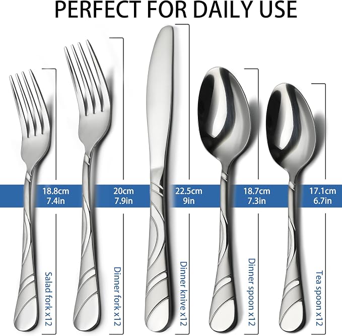 60-Piece Silverware Set for 12, 18/0 Frosted & Mirror Finish Stainless Steel Vintage Flatware Set, Modern Cutlery Set for Home Wedding Restaurant Housewarming Party Event Serving For 12