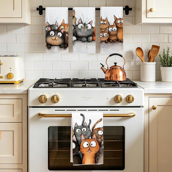 Jztco 4 Pcs Cute Cat Kitchen Towels, Cats Absorbent Hand Tea Towel | Cats Dish Cloths for Drying Dishes, Waffle Dish Towels for Kitchen Home Bathroom Decor, Cat Lover Gifts for Women Mom
