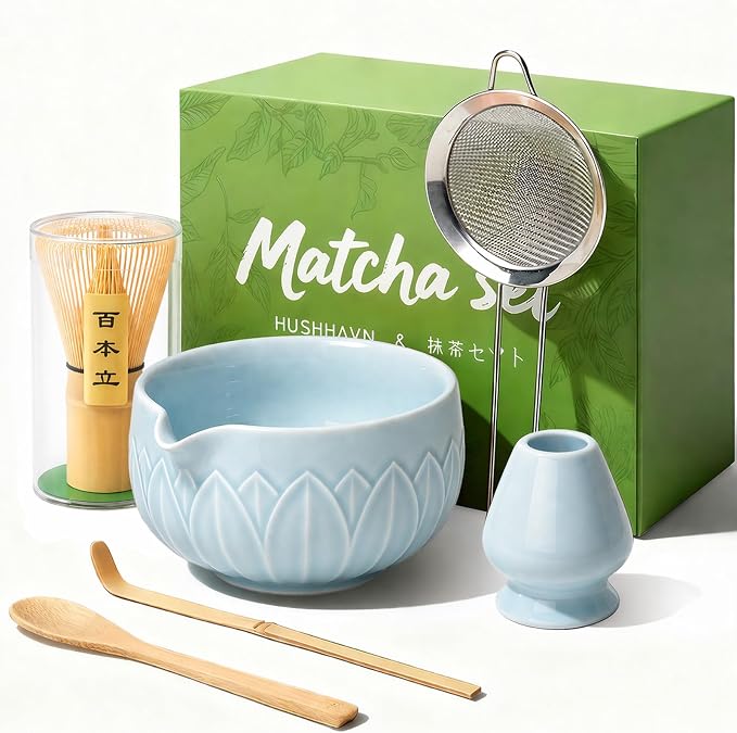 Matcha Whisk Set, Ceramic Matcha Set Includes Bowl & Holder, Bamboo Whisk (Chasen), Scoop, Spoon and Sifter, 6Pcs Matcha Kit Covers Everything Needed for Making Matcha (Leaf Blue)
