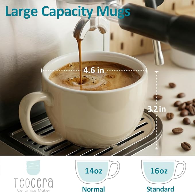Teocera 16oz Large Coffee Mugs Set of 4 - Thick Cream Porcelain Cups for Cappuccino, Latte, Tea & Hot Chocolate - Dishwasher Safe Ceramic with Comfort Grip Handles
