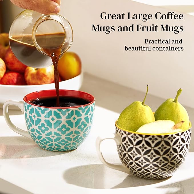 DOWAN 24 OZ Boho Mosaic Soup Mugs with Handle, Large Coffee Mugs Set of 4 | Six Design! Large Ceramic Mugs for Soup/Coffee/Cereal/Latte, Thanksgiving and Housewarming Gifts for Family and Friends