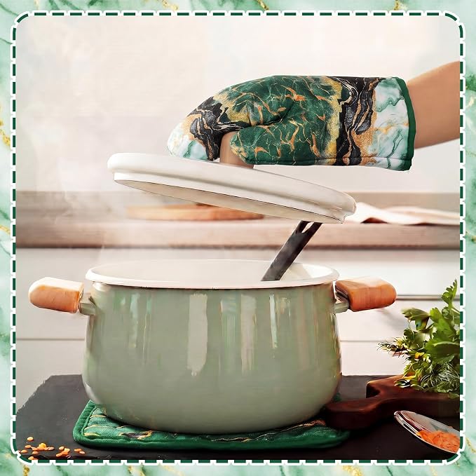 Leinuosen 8 Pcs Green and Gold Marble Kitchen Towels and Dishcloths Sets Oven Mitts and Pot Holders Absorbent Kitchen Gloves Potholders Heat Resistant for Chef Baking Cooking
