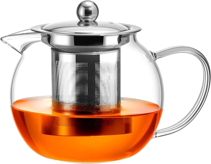 Baalaka Glass Teapot with Infuser, Clear Tea Pot for Stove, 22 oz/650 ml | Tea kettle, tea maker and brewer with removable 18/8 stainless steel infuser for loose leaf or blooming tea, camping, travel