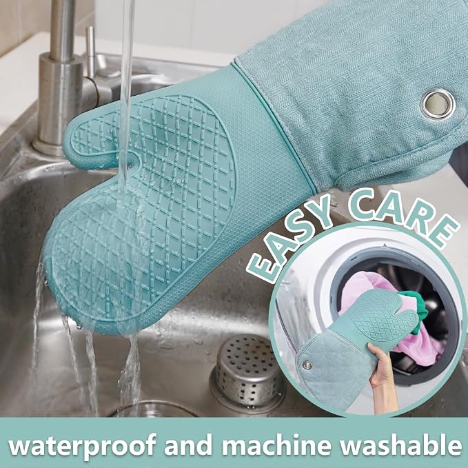 Professional Microwave Silicone Oven Mitts one Pair, Kitchen Mitten Set | Heat Resistant with 500 Degrees Oven Gloves Pot Holder for BBQ Cooking Baking (Light Blue)