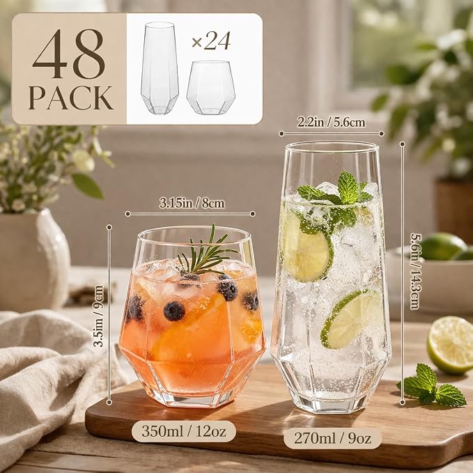 Oojami 48 Pack Diamond Plastic Champagne Flutes Stemless 9oz & 12oz Cups | Heavy Duty Disposable Mimosa Glasses, BPA-Free Shatterproof Unbreakable Recyclable Reusable, Wedding Birthday Party, Oojami