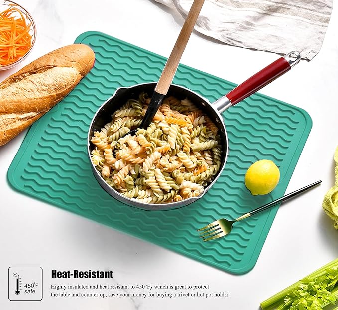 Silicone Dish Drying Mat, Non-Slip Easy Clean Sink Mat, Green, 18" x 16" | Quick-Dry Ridges, Large Heat-resistant Dish Drainer Mat for Kitchen Counter, Hangable & Roll-Up for Storage, Dishwasher Safe