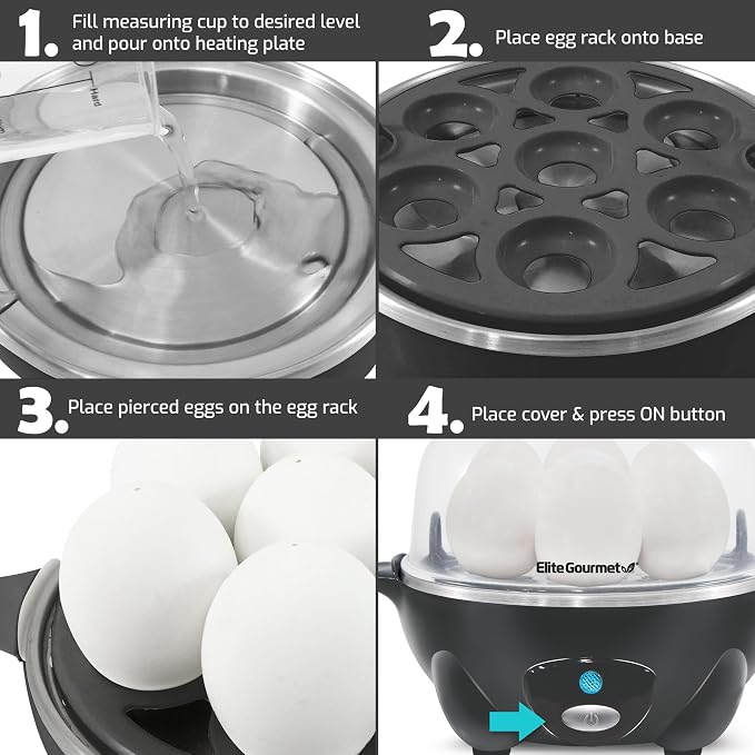 Elite Gourmet EGC710DKG Rapid Egg Cooker, 7-Egg Poacher/Omelet Maker, Ash | Easy-to-peel hard, medium, or soft-boiled eggs - auto shut-off, alarm, 16-recipe booklet included - BPA-free construction