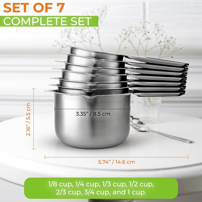 Spring Chef Magnetic Stainless Steel Measuring Cups Set of 7 Patented Black | Metal Measuring Cups for Measuring Dry or Liquid Ingredients, Easy to Read Markings, Dishwasher Safe Nesting Magnetic Cups
