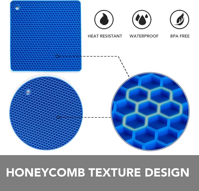 Trivets for Hot Dishes - Hot Pads for Kitchen, Silicone Pot Holders for Hot Pots and Pans, Silicone Mats for Kitchen Countertops, Table, Flexible Easy to Wash and Dry, True Blue